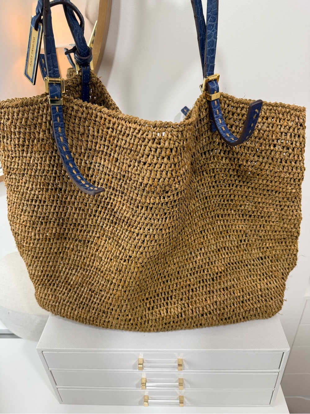 Michael Kors Woven Straw Tote with Navy Trim